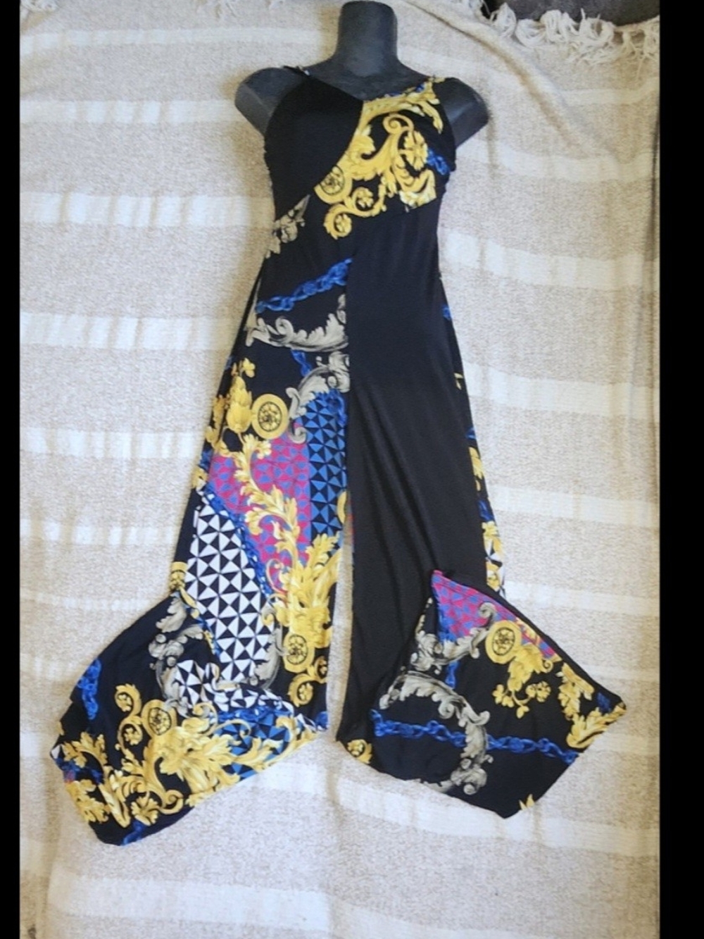 Fashion Nova Black & Gold Baroque Print Jumpsuit with Blue Accents